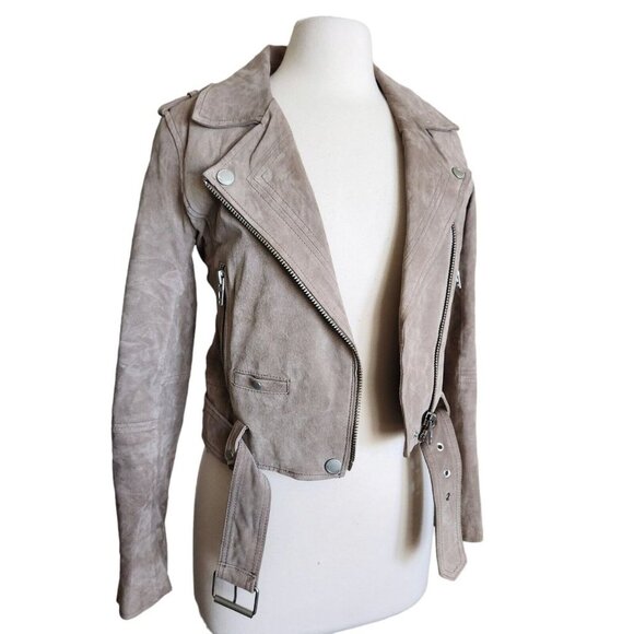 Blank NYC  Leather Moto Jacket  Suede Tan Beige Size XS with belt & zippers - Picture 2 of 16